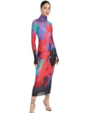 AFRM Shailene Lightweight Mesh Multi-Color Abstract Floral Turtleneck Midi Dress